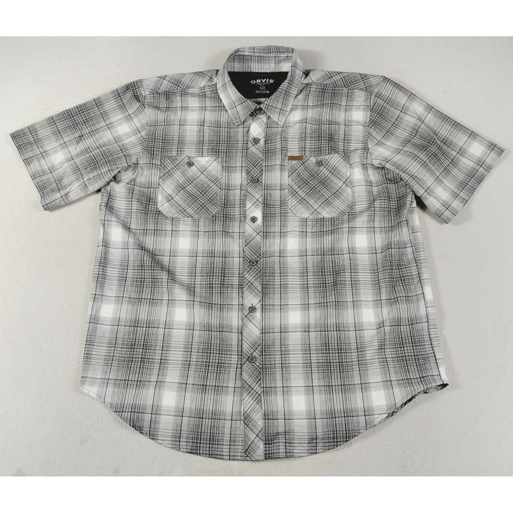 Orvis Tech Work Shirt Mens XL Gray Plaid Short Sleeve Button Up Summer Outdoors